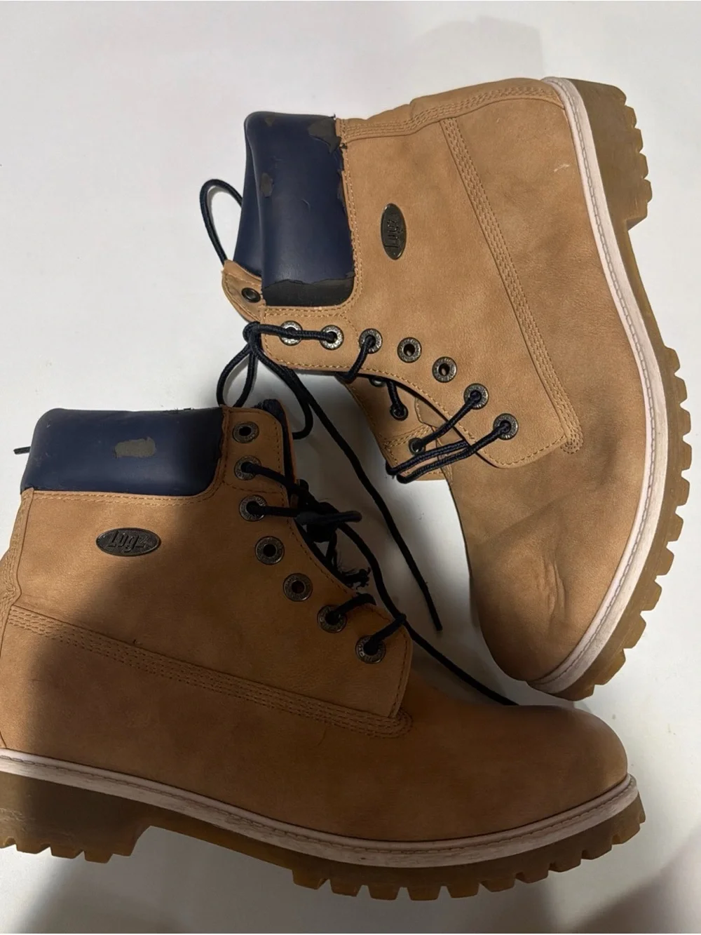Lugz Tan Work Boots with Navy Collar